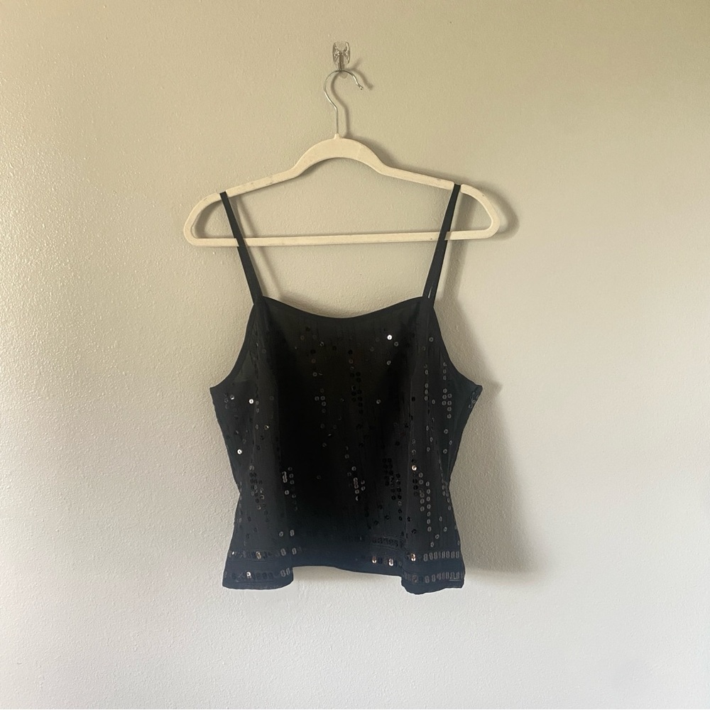 New York & Company women's black sequin tank top size L sheer New Year’s party